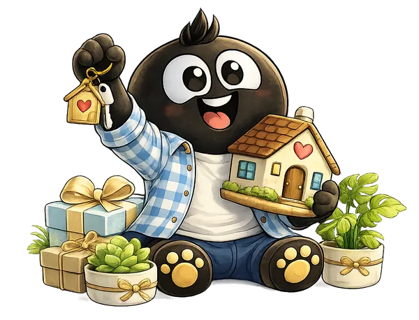 Flowy viert een nieuwe woning met huissleutel en bloemen