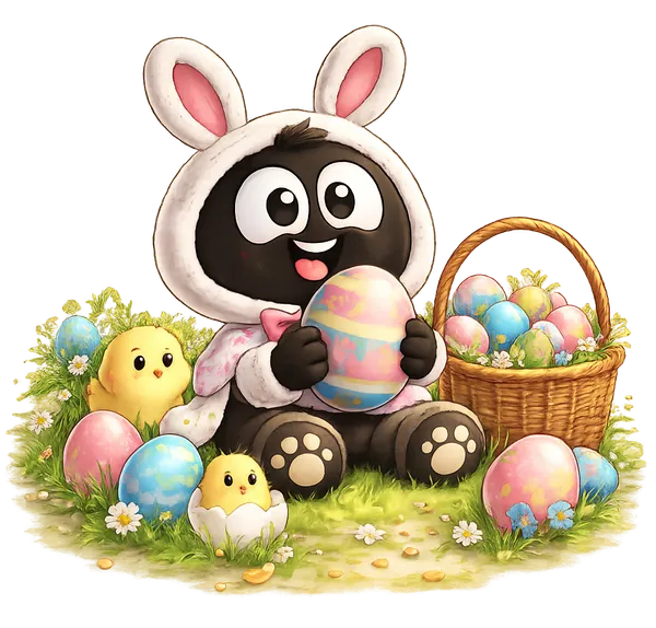 Flowy als paashaas met paasei en kuikentjes